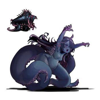 1girl :d absurdres ahoge armpits blush breasts colored_skin commentary completely_nude convenient_tentacle creature_and_personification darkest_dungeon english_commentary fang full_body highres long_hair nipples nude open_mouth outie_navel personification pregnant purple_eyes purple_hair purple_skin reference_inset shambler_(darkest_dungeon) skin_fang small_breasts smile solo tentacles transparent_background zhuma