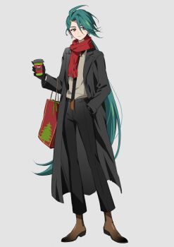 1girl absurdres bag black_coat black_gloves black_necktie black_pants closed_mouth coat collared_shirt cup disposable_coffee_cup disposable_cup earrings full_body gloves go_mi_111 green_hair hand_in_pocket highres jewelry long_hair necktie nintendo pants pokemon pokemon_sv ponytail red_eyes red_scarf rika_(pokemon) scarf shirt shoes shopping_bag simple_background solo