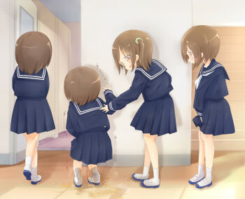 22m 4girls bathroom between_legs blue_footwear blue_serafuku blue_shirt blue_skirt blush brown_eyes brown_hair crossed_legs door female_focus from_behind from_side full_body hair_ornament hand_between_leg hand_up hands_together have_to_pee indoors loli long_sleeves matching_hair/eyes multiple_girls neckerchief open_mouth original peeing peeing_self pleated_skirt profile puddle queue school_uniform scrunchie serafuku shirt shoes short_hair side_ponytail skirt socks standing steam trembling wet wet_clothes white_legwear white_neckerchief