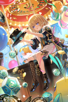 1boy aged_down asymmetrical_legwear aventurine_(honkai:_star_rail) balloon black_hat black_jacket black_shoes black_socks blonde_hair blue_eyes child collared_shirt confetti cyotsy dice fur-trimmed_jacket fur_trim gold_trim green_shirt hair_between_eyes hat highres holding holding_unworn_clothes holding_unworn_hat honkai:_star_rail honkai_(series) jacket kakavasha_(honkai:_star_rail) layered_sleeves light_particles male_focus multicolored_eyes necktie origami_bird_(honkai:_star_rail) poker_chip purple_eyes roulette_table shirt shoes short_sleeves shorts sitting socks solo suspender_shorts suspenders table two-tone_eyes unworn_hat unworn_headwear white_shorts