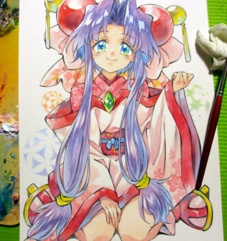 1girl agahari art_brush art_tools_in_frame bow cherry_(saber_j) closed_mouth commentary_request curtained_hair floral_print floral_print_kimono geta green_eyes hair_bow hair_ornament hand_on_own_thigh hand_up japanese_clothes kimono kneehighs long_sidelocks long_sleeves looking_at_viewer low-tied_sidelocks obi paintbrush painting_(medium) pink_bow pink_kimono print_kimono purple_hair red_sash saber_marionette_j sash short_hair_with_long_locks sidelocks sleeves_past_wrists smile socks solo sphere_hair_ornament traditional_media very_long_sidelocks wide_sleeves