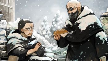 2girls 3boys aged_down bald beard bird black_hair blonde_hair bread chicken commentary crying crying_with_eyes_open diva_(hyxpk) dog english_commentary facial_hair father_(diva) food glasses grey_hair hat highres little_nuns_(diva) multiple_boys multiple_girls round_eyewear snow snowing strict_nun's_father_(diva) strict_nun's_mother_(diva) sunglasses tears tree