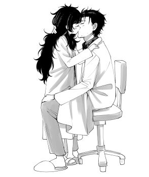 1boy 1girl absurdres asymmetrical_footwear blush closed_eyes commentary_request couple dress greyscale hands_on_another's_shoulders height_difference hetero highres hiyajou_maho kiss lab_coat long_hair long_sleeves mismatched_footwear monochrome okabe_rintarou okabe_rintarou_(beta) pants science_adventure shoes simple_background sitting slippers steins;gate steins;gate_0 user_xjwf2728 white_background