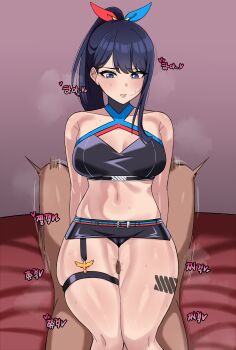 Rule 34 | absurdres, breasts, cameltoe, chihel, cleavage, criss-cross halter, gridman (character), gridman (ssss), gridman universe, grinding, halterneck, highres, leg tattoo, long hair, loose hair strand, medium breasts, midriff, navel, ponytail, ssss.gridman, steaming body, sweat, takarada rikka, tattoo, thigh sex, thighs