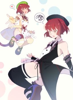 Rule 34 | 1boy, 1girl, absurdres, ass, asymmetrical legwear, beret, bow, brown bow, cat tail, cicococo, ciconia no naku koro ni, cosplay, dress, elbow gloves, fingerless gloves, flower, furfur, furfur (cosplay), gloves, hat, heart, highres, in-franchise crossover, meow (ciconia), mismatched legwear, mitake miyao, red hair, rose, short hair, smile, spoken heart, sweatdrop, tail, thighhighs, umineko no naku koro ni, yellow eyes, zepar, zepar (cosplay)