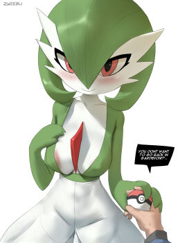 1girl areola_slip artist_name blush bob_cut breasts closed_mouth collarbone colored_skin covered_erect_nipples cowboy_shot english_text gardevoir gen_3_pokemon green_hair green_shirt hand_on_own_chest happy high-waist_skirt holding holding_hands holding_poke_ball izhardraws looking_at_viewer medium_breasts nintendo poke_ball poke_ball_(basic) pokemon pokemon_(creature) pov red_eyes shirt short_hair signature simple_background skirt smile solo_focus speech_bubble standing talking white_background white_skin white_skirt