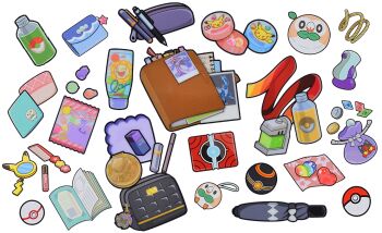 artist_request bottle_cap_(pokemon) candy character_charm charm_(object) coin_purse comb comfey dialga ditto focus_sash food full_restore_(pokemon) gem gen_1_pokemon gen_2_pokemon gen_4_pokemon gen_7_pokemon gold_bottle_cap_(pokemon) hand_mirror heart_scale legendary_pokemon lip_balm litten lotion luxury_ball makeup max_repel mirror nintendo no_humans notebook object_request official_art palkia pearl_(gemstone) pen pikachu poke_ball pokedex pokemon premier_ball repel rope rowlet spiritomb star_(symbol) sunflora sunscreen umbrella wallet white_background