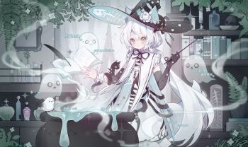 Rule 34 | 1girl, absurdres, black gloves, black hat, blush, book, bookshelf, cauldron, commission, cyano, dot nose, double-parted bangs, dress, elbow gloves, feet out of frame, floating, floating book, floating object, ghost, gloves, green eyes, hair between eyes, hat, highres, holding, holding wand, long hair, low twintails, neck ribbon, open book, original, parted lips, plant, potted plant, quill, red ribbon, ribbon, sleeveless, sleeveless dress, solo, standing, twintails, wand, watermark, white dress, white hair, witch hat