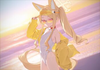 1girl absurdres animal_ear_fluff animal_ears bare_shoulders beach blonde_hair blue_archive breasts choker dun_ji extra_ears fox_ears fox_tail gradient-tinted_eyewear groin halo hat highleg highleg_one-piece_swimsuit highres jacket one-piece_swimsuit open_clothes open_jacket parted_bangs seia_(blue_archive) seia_(swimsuit)_(blue_archive) side_ponytail sidelocks small_breasts solo sunglasses swimsuit tail thighs tinted_eyewear visor_cap watermark white_one-piece_swimsuit yellow_halo yellow_hat yellow_jacket