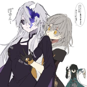 1boy 2girls black_dress black_eyes black_gloves black_hair black_jacket black_shirt coat commentary_request cracked_skin dan_heng_(honkai:_star_rail) dan_heng_(hunt)_(honkai:_star_rail) dress genderswap genderswap_(mtf) gloves grabbing_another's_breast grabbing_from_behind grey_hair groping highres honkai:_star_rail honkai_(series) jacket long_hair long_sleeves multiple_girls parted_lips phainon_(flame_reaver)_(honkai:_star_rail) phainon_(honkai:_star_rail) running sarisari3 shirt short_hair simple_background speech_bubble stelle_(honkai:_star_rail) trailblazer_(honkai:_star_rail) translation_request white_background white_coat white_hair white_shirt yellow_eyes yuri