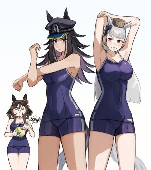 3girls animal_ears bare_shoulders black_hair blue_one-piece_swimsuit blunt_bangs blush bow braid braided_hair_rings breasts brown_hair brown_hat cantaloupe closed_mouth collarbone competition_school_swimsuit cross-body_stretch ear_bow ear_covers ear_ornament ear_ribbon ears_through_headwear eyewear_on_head fenomeno_(umamusume) flipped_hair food fruit gentildonna_(umamusume) gold_ship_(umamusume) grey_hair grin hair_between_eyes hair_ornament hair_rings hat heart-shaped_ornament heart_ear_ornament highres himo_(user_rzgz5877) holding holding_food holding_fruit horse_ears horse_girl horse_tail horseshoe_hat_ornament horseshoe_ornament large_breasts long_hair medium_breasts melon multicolored_hair multiple_girls navel one-piece_swimsuit open_mouth peaked_cap pillbox_hat purple_bow purple_eyes purple_hair school_swimsuit simple_background single_vertical_stripe smile sound_effects stretching sunglasses swimsuit tail tracen_swimsuit umamusume white_background