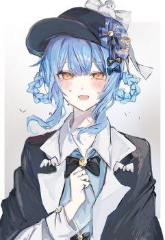 1girl bird black_bow black_bowtie black_capelet black_hat blue_hair blue_hat blue_necktie blue_shirt blush bow bowtie braid braided_hair_rings capelet collarbone collared_shirt crying crying_with_eyes_open deerstalker double-parted_bangs grey_background hair_rings hand_on_own_chest hand_up hashtag-only_commentary hat hat_bow hat_ribbon highres long_sleeves looking_at_viewer mahou_shoujo_no_majo_saiban medium_hair mirin_(mir1n0) multicolored_hat necktie open_mouth orange_eyes outside_border pillarboxed ribbon shirt simple_background solo tachibana_sherry tears upper_body white_bird white_ribbon