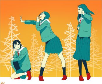 3girls asakusa_midori asymmetrical_bangs black_eyes black_hair black_pantyhose black_socks blazer blue_jacket blue_skirt blunt_bangs bob_cut brown_hair closed_mouth commentary_request eizouken_ni_wa_te_wo_dasu_na! eyewear_on_head freckles glasses hair_between_eyes hand_on_own_chin inverted_bob jacket kanamori_sayaka limited_palette long_hair long_skirt m0s0z mizusaki_tsubame multiple_girls necktie on_one_knee open_mouth pantyhose pleated_skirt profile reaching red_shoes school_uniform shibahama_high_school_uniform shoes short_hair sidelocks simple_background skirt smile socks squatting tree yellow_background
