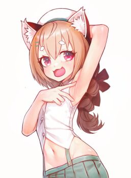 1girl arm_up armpits blush bow braid brown_hair hair_ornament hairclip komachi_panko long_hair looking_at_viewer navel open_mouth phase_connect pink_eyes red_panda_ears shiny_skin shirt skirt sleeveless sleeveless_shirt solo spread_armpit sussynano virtual_youtuber white_background