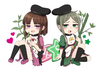 Rule 34 | 1up, 2girls, apron, bamboo, black hat, black socks, bow, brown hair, chibi, convenient leg, dress, flower, frilled dress, frills, green dress, green eyes, green footwear, green hair, hat, heart, highres, holding, kneehighs, mashirohiyuki, multiple girls, myouga (plant), nishida satono, puffy short sleeves, puffy sleeves, purple dress, purple eyes, purple flower, red bow, red ribbon, ribbon, short hair with long locks, short sleeves, sidelocks, socks, solo, tate eboshi, teireida mai, touhou, waist apron, yellow bow, yellow ribbon