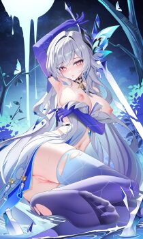 1girl absurdres anus arm_under_breasts armpits ass blush breasts censored dress feet genshin_impact gloves gradient_gloves gradient_thighhighs highres holding holding_sword holding_weapon jndfh large_breasts large_variant_set long_hair looking_at_viewer mosaic_censoring navel night night_sky nipples no_shoes open_mouth parted_lips purple_gloves purple_thighhighs pussy sitting skirk_(genshin_impact) sky solo stomach sword thighhighs variant_set weapon white_dress white_hair yokozuwari