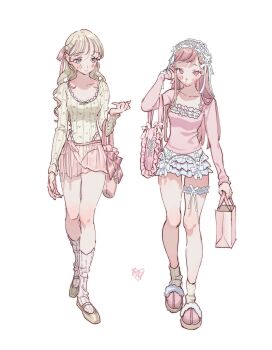 2girls bag ballerina ballet_slippers blonde_hair blue_eyes blush bomhat bow breasts choppy_bangs closed_mouth commentary fashion fashion_style_request fingernails frilled_hairband frilled_leotard frilled_thigh_strap frills full_body fur-trimmed_shoes garter_straps hair_bow hair_ornament hairband hairclip hand_in_own_hair handbag highres knee_blush leotard lolita_hairband long_hair long_sleeves looking_at_viewer multiple_girls original paper_bag pink_bow pink_eyes pink_hair pink_shirt pink_shoes pink_skirt ribbon see-through_clothes see-through_skirt shirt shoes shopping_bag signature simple_background skirt slippers socks swept_bangs symbol-only_commentary thigh_strap white_skirt