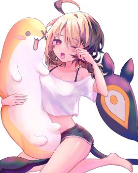 Rule 34 | 1girl, ahoge, black shorts, blonde hair, breasts, brown hair, gigi murin, grem (gigi murin), highres, holding, holding stuffed toy, hololive, hololive english, huge ahoge, looking at viewer, multicolored hair, open mouth, pink eyes, pochaimo, shirt, short hair, shorts, simple background, sleepy, small breasts, stuffed toy, tail, two-tone hair, virtual youtuber, white background, white shirt, yawning