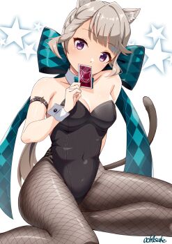 1girl adapted_costume animal_ear_fluff animal_ears bare_shoulders black_leotard black_pantyhose blue_bow bow breasts card cat_ears cat_girl cleavage collar collarbone commentary_request covered_navel detached_collar fishnet_pantyhose fishnets genshin_impact grey_hair hand_up highres holding holding_card huge_bow leotard looking_at_viewer lynette_(genshin_impact) medium_breasts motsutoko pantyhose purple_eyes signature simple_background sitting solo strapless strapless_leotard white_background white_collar white_wrist_cuffs wrist_cuffs