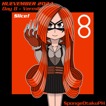 1girl absurdres arm_at_side artist_request asymmetrical_bangs between_fingers blouse blue_eyes boku_no_hero_academia border breasts character_name chibi collarbone collared_shirt corset domino_mask eye_mask facing_viewer female_focus gloves hand_up highres holding holding_knife knife knives_between_fingers legs_together long_hair mask medium_breasts miniskirt orange_hair parted_bangs red_background red_gloves shirt sidelocks skirt slice_(boku_no_hero_academia) smile standing thighs very_long_hair