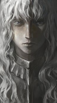 Rule 34 | 1boy, absurdres, armor, berserk, blue eyes, closed mouth, expressionless, eyelashes, fieroo, griffith (berserk), hashtag-only commentary, highres, lips, long hair, looking at viewer, male focus, nose, portrait, solo, white hair