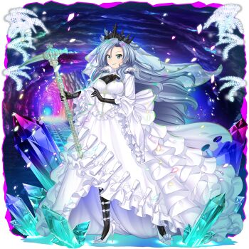 1girl alternate_costume black_gloves blue_eyes blue_hair breasts crystal dress elbow_gloves gloves high_heels highres himemushi_momoyo holding holding_pickaxe long_hair looking_at_viewer pickaxe rotte_(1109) solo touhou touhou_lostword wedding_dress white_dress