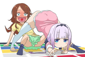 2girls :d ass blue_eyes blush brown_hair clueless constricted_pupils dress eyes_visible_through_hair feet female_focus female_pervert frilled_thighhighs frills full-face_blush full_body furrowed_brow heart heart_in_mouth highres implied_nopan jack-o&#039;_challenge jitome kanna_kamui kobayashi-san_chi_no_maidragon kodomo_doushi layered_skirt legs_apart loli long_hair low_twintails multiple_girls no_nose no_panties open_mouth parted_lips pervert pink_dress purple_hair raised_eyebrows saikawa_riko sanpaku simple_background skirt skirt_drape smile socks stirrup_legwear tareme thighhighs toeless_legwear toes top-down_bottom-up tsuchinoko_(scout100per) twintails twister white_background white_thighhighs yuri