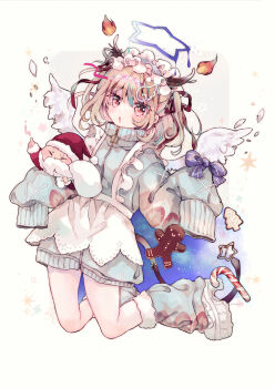 1girl absurdres antlers apron blush bow candy candy_cane christmas commission crescent fire food full_body fur_trim hair_ornament hair_ribbon halo hat highres himegamik horns long_sleeves looking_at_viewer maid_headdress original red_eyes reindeer_antlers ribbon santa_hat sensitive sleeves_past_fingers sleeves_past_wrists solo star_(symbol) sweater white_apron white_background wings