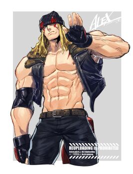 1boy :/ abs alex_(street_fighter) arm_up bare_pectorals bare_shoulders belt belt_buckle black_gloves black_vest blonde_hair blue_eyes border brown_belt buckle character_name closed_mouth commentary_request cropped_legs facial_mark fingerless_gloves gloves groin highres long_hair looking_to_the_side male_focus muscular muscular_male navel open_clothes open_vest pectorals sideways_glance solo street_fighter street_fighter_6 tanaka_nitouhei unzipped vest watermark white_border