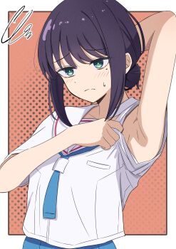 1girl absurdres armpits azakura_(beniyomogi) blue_neckerchief blush border cho_kaguya-hime! closed_mouth commentary_request green_eyes highres mole mole_under_eye neckerchief outside_border presenting_own_armpit sailor_collar sakayori_iroha shirt short_sleeves solo upper_body white_border white_sailor_collar white_shirt