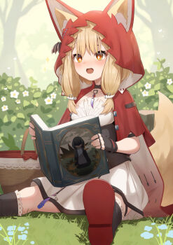 +_+ 1girl :d absurdres animal_ear_fluff animal_ears arknights arknights:_endfield black_gloves blonde_hair blush book cape commentary dress ears_through_headwear endministrator_(arknights) female_endministrator_(arknights) fingerless_gloves gloves grass highres hinata_(hinnyata) holding holding_book hood hood_up hooded_cape on_ground open_mouth red_cape rossi_(arknights) shoe_soles sitting smile solo tail white_dress wolf_ears wolf_girl wolf_tail yellow_eyes
