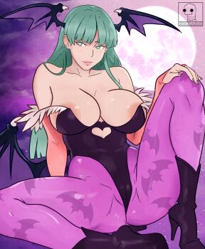 1girl absurdres animal_print areola_slip artist_name bare_shoulders bat_print black_leotard blunt_bangs boots breasts bridal_gauntlets darkstalkers demon_wings full_moon green_eyes green_hair hand_on_own_knee head_wings high_heel_boots high_heels highres large_breasts leotard long_hair looking_to_the_side moon morrigan_aensland smile sockasso solo strapless strapless_leotard wings