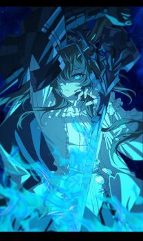 1girl absurdres amiya_(arknights) amiya_(guard)_(arknights) amiya_(guard)_(in_a_myriad_of_universes)_(arknights) animal_ear_fluff animal_ears arknights arm_up armor ascot black_skirt blue_background blue_eyes blue_fire breasts brown_hair center_frills chinese_commentary commentary_request dusk_ming fire flaming_sword flaming_weapon frilled_shirt frilled_wrist_cuffs frills gauntlets hair_between_eyes hair_over_one_eye hand_up highres holding holding_sword holding_weapon jewelry long_hair long_sleeves looking_at_viewer medium_breasts multiple_rings official_alternate_costume parted_lips rabbit_ears rabbit_girl red_pupils ring shirt single_gauntlet skirt solo sword very_long_hair weapon white_ascot wrist_cuffs