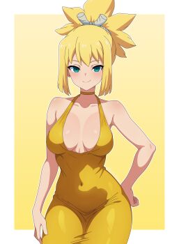 1girl absurdres blonde_hair blue_eyes blush breasts breasts_apart choker collarbone covered_navel dr._stone dress guilegaze high_ponytail highres kohaku_(dr._stone) medium_breasts ponytail smile solo split_ponytail yellow_background yellow_choker yellow_dress