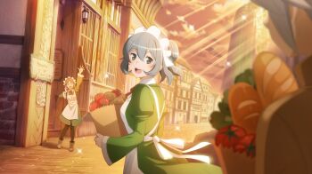 1boy 2girls :d anime_coloring ankle_boots apron bag baguette bell_cranel black_pantyhose boots bread breasts brown_boots brown_hair closed_eyes danmachi_battle_chronicle dress dungeon_ni_deai_wo_motomeru_no_wa_machigatteiru_darou_ka flipped_sidelocks food game_cg green_dress grey_eyes grey_hair grocery_bag hair_between_eyes half-timbered hand_up highres holding holding_bag house juliet_sleeves long_dress long_sleeves looking_at_another lunoire_faust maid_headdress medium_breasts multiple_girls neck_ribbon non-web_source official_art open_mouth orange_ribbon pantyhose paper_bag ponytail potato puffy_sleeves ribbon road shopping_bag short_hair sign smile standing street syr_flover tomato waving white_apron white_hair white_headdress
