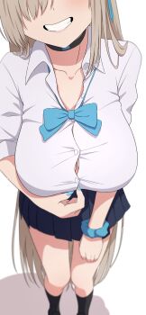 1girl absurdres aqua_bow aqua_bowtie asuna_(blue_archive) asuna_(school_uniform)_(blue_archive) black_choker black_skirt black_socks blue_archive blush bow bowtie brown_hair button_gap choker collarbone commentary_request eyes_out_of_frame fingernails grin gyaru head_out_of_frame highres kogal long_hair na-suke nail_polish official_alternate_costume open_collar partial_commentary pleated_skirt school_uniform scrunchie shadow shirt simple_background skirt smile socks solo straight_hair very_long_hair white_background white_shirt wrist_scrunchie