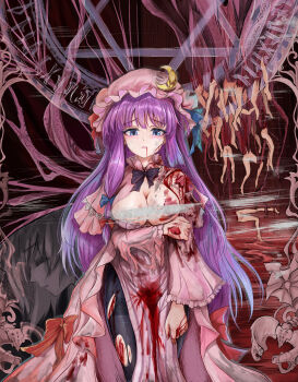 1girl black_pantyhose bleeding blood blood_on_clothes blood_on_face blood_on_hands blood_on_leg blood_stain blue_bow blue_ribbon bone bow breasts capelet cleavage crescent crescent_hat_ornament crescent_pin dress embodiment_of_scarlet_devil guro hair_bow hat hat_ornament hat_ribbon highres hip_bones injury large_breasts long_hair looking_at_viewer mob_cap namiki_(remiter00) pantyhose patchouli_knowledge pink_capelet pink_robe purple_hair red_bow red_ribbon ribbon robe solo striped_clothes striped_dress torn_clothes torn_pantyhose touhou vertical-striped_clothes vertical-striped_dress very_long_hair