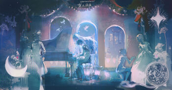 2girls absurdres apron bird black_dress black_shoes black_skirt blue_hair character_request chinese_text commission copyright_request dress english_text frilled_apron frills grand_piano highres instrument juliet_sleeves long_dress long_hair long_sleeves miniskirt multiple_girls people piano pleated_skirt puffy_sleeves shoes short_hair sitting skirt very_long_hair white_apron zhichitianshi