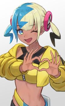 Rule 34 | 1girl, ;d, bandeau, blue eyes, canari (pokemon), commentary request, eyelashes, hands up, happy, heart, heart hands, highres, hood, hood down, hooded jacket, jacket, looking at viewer, midori ryoueoru, multicolored hair, nintendo, one eye closed, open clothes, open jacket, open mouth, pokemon, pokemon legends: z-a, smile, solo, twintails, upper body, yellow bandeau, yellow jacket, zipper