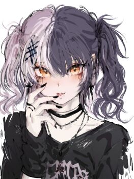 Rule 34 | 1girl, :p, absurdres, alternate costume, alternate hairstyle, black choker, black hair, black nails, black shirt, choker, cross, cross earrings, earrings, fang, grey hair, hair between eyes, hair ornament, hand up, hashtag-only commentary, highres, hololive, hololive english, jewelry, looking at viewer, makeup, multicolored hair, multiple rings, nail polish, necklace, pendant, ring, runny makeup, seeledayo, shiori novella, shirt, simple background, solo, split-color hair, tongue, tongue out, twintails, two-tone hair, upper body, very long fingernails, virtual youtuber, white background, yellow eyes