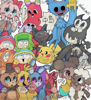 3girls 6+boys :d ;d ? afro_puffs amanda_(amanda_the_adventurer) amanda_the_adventurer aqua_shorts arm_support banban_(garten_of_banban) beanie bendy bendy_and_the_ink_machine bib black_bow black_bowtie black_eyes black_hat black_skin blue_eyes blue_fur blue_hat blue_skirt blush_stickers bonnie_(fnaf) bow bowtie bright_pupils brown_eyes captain_fiddles character_request chica clothes_writing collared_shirt colored_skin commentary_request copyright_request crossover cupcake dark-skinned_female dark_skin doki_doki_literature_club doki_doki_literature_club_school_uniform double_v dual_persona eric_cartman eye_contact finger_to_cheek five_nights_at_freddy's food foxy_(fnaf) freddy_fazbear furry furry_male garten_of_banban gen_1_pokemon gloves green_gloves green_hat grey_jacket grin hair_between_eyes hair_bow hat heart holding holding_food holding_microphone hood hood_up hoodie hook_hand huggy_wuggy index_finger_raised jacket kenny_mccormick kimoti_omoti knees_up kyle_broflovski long_sleeves looking_at_another looking_at_viewer mechanical_ears microphone multiple_boys multiple_crossover multiple_girls nintendo one_eye_closed open_clothes open_jacket open_mouth orange_hoodie pac-man_eyes pikachu pink_eyes pink_hair pleated_skirt pokemon pom_pom_(clothes) pom_pom_beanie poppy_playtime purple_eyes red_bow red_lips red_skin sayori_(doki_doki_literature_club) school_uniform sharp_teeth sheep_boy shirt shoes short_hair short_sleeves shorts simple_background sitting skirt smile south_park stan_marsh teeth thumbs_up tongue tongue_out top_hat translation_request upper_body upper_teeth_only ushanka v watermark web_address white_background white_bow white_bowtie white_gloves white_pupils wooly_(amanda_the_adventurer) yellow_eyes yellow_gloves yellow_shirt yellow_shoes