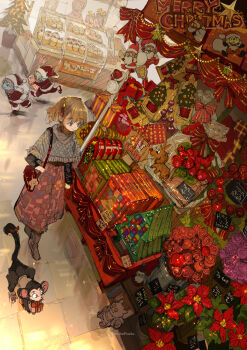 1girl 3others animal_ears boots christmas christmas_tree cupcake demizu_posuka flower food fur_trim hat highres indoors long_skirt merry_christmas monkey monkey_tail multiple_others original resolution_mismatch sack santa_costume santa_hat shop skirt source_smaller tail