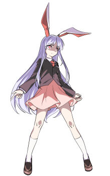 Rule 34 | 1girl, animal ears, baasaku (balasaku24), black jacket, blazer, brown shoes, closed mouth, commentary request, curled fingers, highres, jacket, light frown, long hair, long sleeves, necktie, parted bangs, partially shaded face, pink skirt, pleated skirt, pointing, pointing down, purple hair, rabbit ears, rabbit girl, red-eyes macadamiachoco, red necktie, reisen udongein inaba, shirt, shoes, simple background, skirt, solo, split mouth, touhou, underlighting, v-shaped eyebrows, very long hair, white background, white shirt
