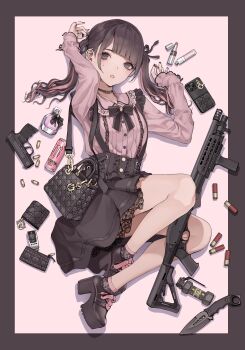 1girl absurdres aegyo_sal bag black_bag black_boots black_eyes black_hair black_ribbon black_skirt black_socks boots bottle bra breasts bullet buttons can cellphone choker combat_knife commentary_request cosmetics ear_piercing explosive eyelashes fashion grenade gun hair_ribbon handbag handgun hands_up highres jewelry jirai_kei knife koh_(minagi_kou) lace lace-trimmed_skirt lace_trim legs lingerie lipstick lipstick_tube long_hair long_sleeves looking_at_viewer lying makeup mole mole_under_eye monster_energy multicolored_hair on_floor open_clothes original parted_lips perfume_bottle phone piercing pink_background pink_bra pink_hair pink_shirt platform_boots pump_action remington_870 remington_arms ribbon ring shirt shoelaces shotgun shotgun_shell shoulder_bag sig_sauer sig_sauer_p365 skirt small_breasts smartphone socks solo suspender_skirt suspenders twintails two-tone_hair underwear vertical_foregrip wallet weapon