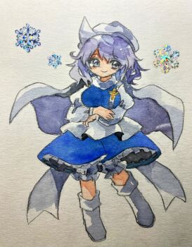 1girl blue_eyes blue_skirt blue_vest commentary_request full_body hat key747h letty_whiterock long_sleeves open_mouth purple_hair scarf shirt shoes short_hair skirt smile snowflakes socks solo touhou traditional_media vest white_hat white_scarf white_shirt white_socks