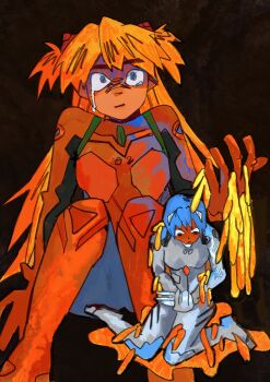 2girls absurdres ayanami_rei black_background blue_hair bodysuit bow brown_eyes chinese_commentary closed_mouth colored_skin commentary_request crying crying_with_eyes_open dot_nose downturned_eyes full_body gloves hair_bow highres holding holding_own_wrist knees_up long_hair looking_ahead looking_at_hand mecha_pilot_suit mini_person minigirl multiple_girls neon_genesis_evangelion orange_hair plugsuit_(evangelion) red_bodysuit red_bow red_gloves red_skin scared short_hair simple_background sitting size_difference souryuu_asuka_langley streaming_tears teardrop tears thick_eyebrows turn_pale two_side_up very_long_hair white_bodysuit xinzangjian