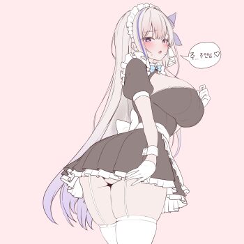 1girl ass black_dress blue_eyes blue_streaks blush breasts butterfly_hair_ornament character_request commentary_request cowboy_shot double-parted_bangs dress flat_color frilled_dress frills from_behind garter_straps gloves grey_hair hair_ornament heart heart-shaped_pupils highres indie_virtual_youtuber large_breasts long_hair looking_at_viewer looking_back maid maid_headdress multicolored_hair open_mouth pink_background rapid17 short_dress short_sleeves simple_background solo speech_bubble streaked_hair symbol-shaped_pupils thick_thighs thighhighs thighs translation_request virtual_youtuber white_gloves white_thighhighs