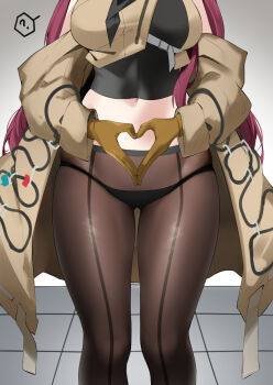 1girl ? arknights black_panties black_shirt breasts brown_jacket brown_pantyhose brown_vest commentary_request cropped_shirt cropped_vest front-seamed_legwear gloves groin head_out_of_frame heart heart_hands heart_hands_over_stomach jacket large_breasts long_hair midriff navel no_pants panties pantyhose purple_hair ray_(arknights) seamed_legwear shiny_clothes shiny_legwear shirt solo spoken_question_mark standing stomach thigh_gap thighs tile_floor tiles underwear vest yellow_gloves z_(knkr1025)