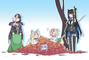 Rule 34 | > <, :3, animal ear fluff, animal ears, asymmetrical horns, autumn, autumn leaves, bandaid, bandaid hair ornament, bare shoulders, belt, black choker, black collar, black dress, black hair, blonde hair, blue hair, blue hairband, breasts, brooch, chest belt, choker, cleavage, closed eyes, closed mouth, coat, collar, colored inner animal ears, colored inner hair, crystal horns, demon horns, dog ears, dog girl, dog tail, dress, fake horns, falling leaves, flower, fur-trimmed coat, fur trim, fuwawa abyssgard, fuwawa abyssgard (1st costume), gloves, grey hair, hair ornament, hairband, headband, headphones, headphones around neck, highres, hololive, hololive english, horn flower, horn hairband, horns, jewel under eye, jewelry, koseki bijou, kraeyan, lace, lace-trimmed choker, lace choker, lace trim, large breasts, leaf, long hair, mococo abyssgard, mococo abyssgard (1st costume), mole, mole under eye, multicolored hair, multiple girls, nerissa ravencroft, open mouth, outdoors, pink belt, pink eyes, pink hair, pink hairband, pink headband, purple eyes, purple hair, red eyes, shiori novella, siblings, sisters, spiked collar, spikes, split-color hair, streaked hair, striped clothes, striped gloves, tail, tree, twins, two-tone hair, uneven horns, very long hair, virtual youtuber, x hair ornament, yellow eyes