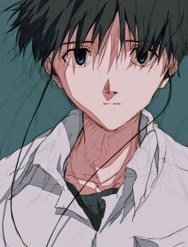 1boy black_hair black_shirt blue_eyes closed_mouth collared_shirt earphones highres ikari_shinji kura_rart looking_at_viewer male_focus neon_genesis_evangelion school_uniform shirt short_hair solo tokyo-3_middle_school_uniform white_shirt
